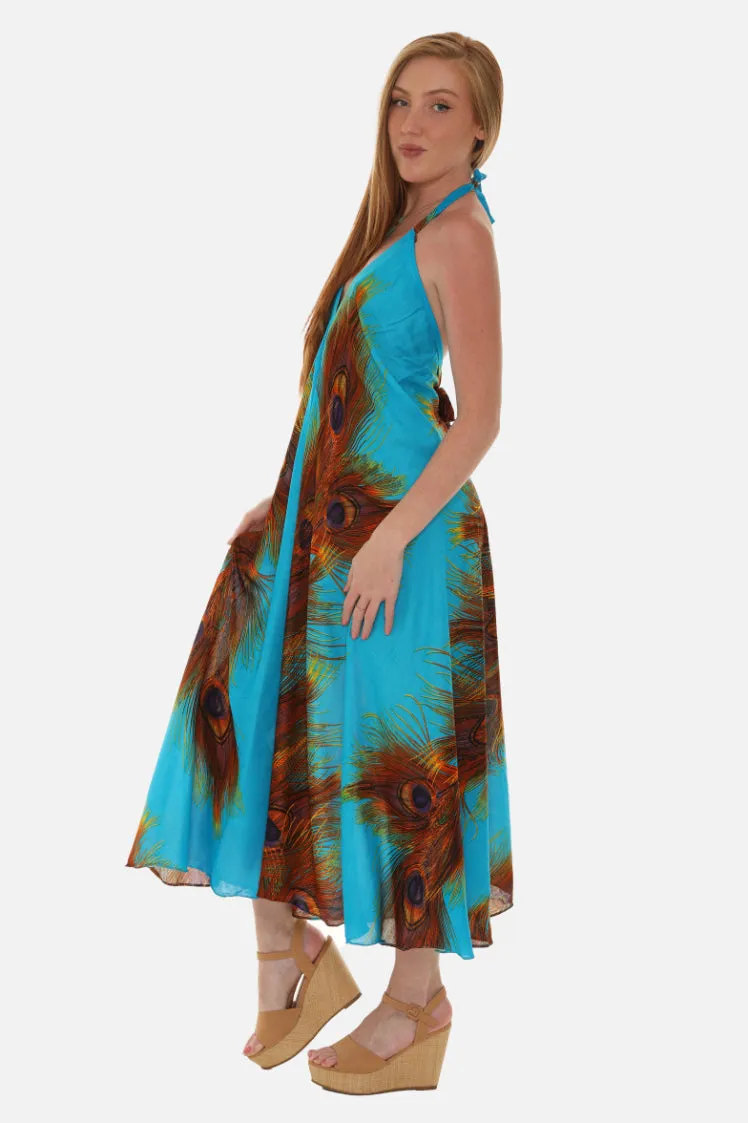 Peacock Feather Print Halter Midi Dress in Breathable Cotton