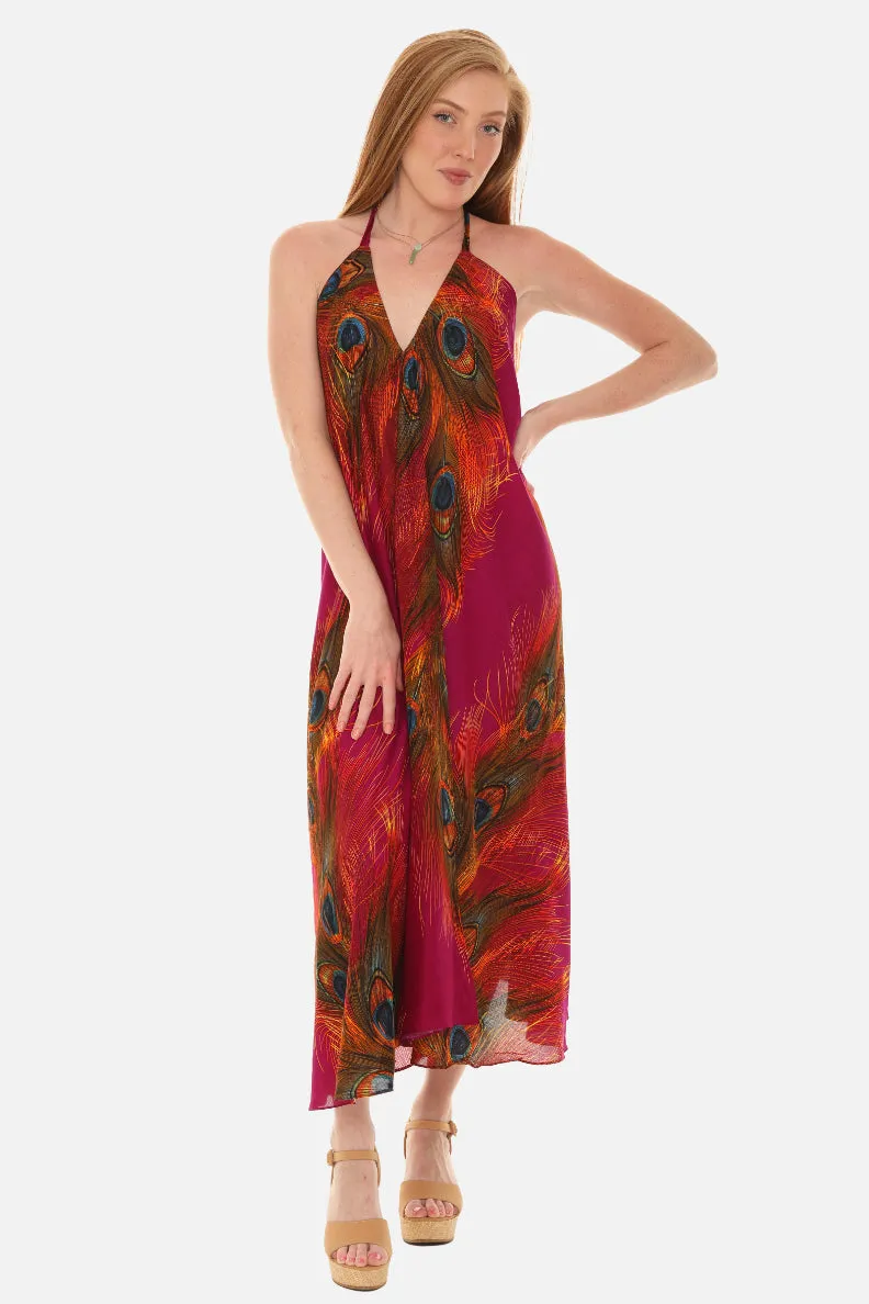 Peacock Feather Print Halter Midi Dress in Breathable Cotton