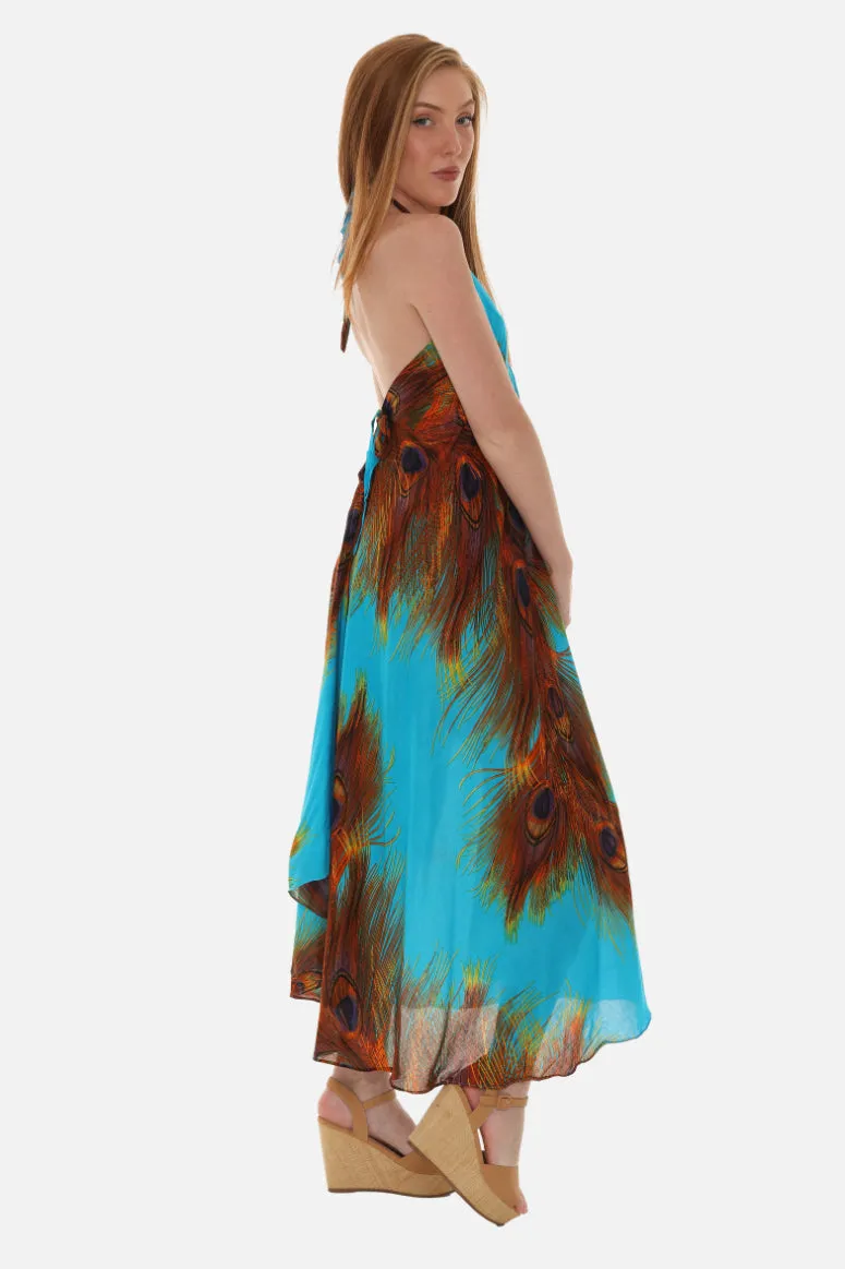 Peacock Feather Print Halter Midi Dress in Breathable Cotton