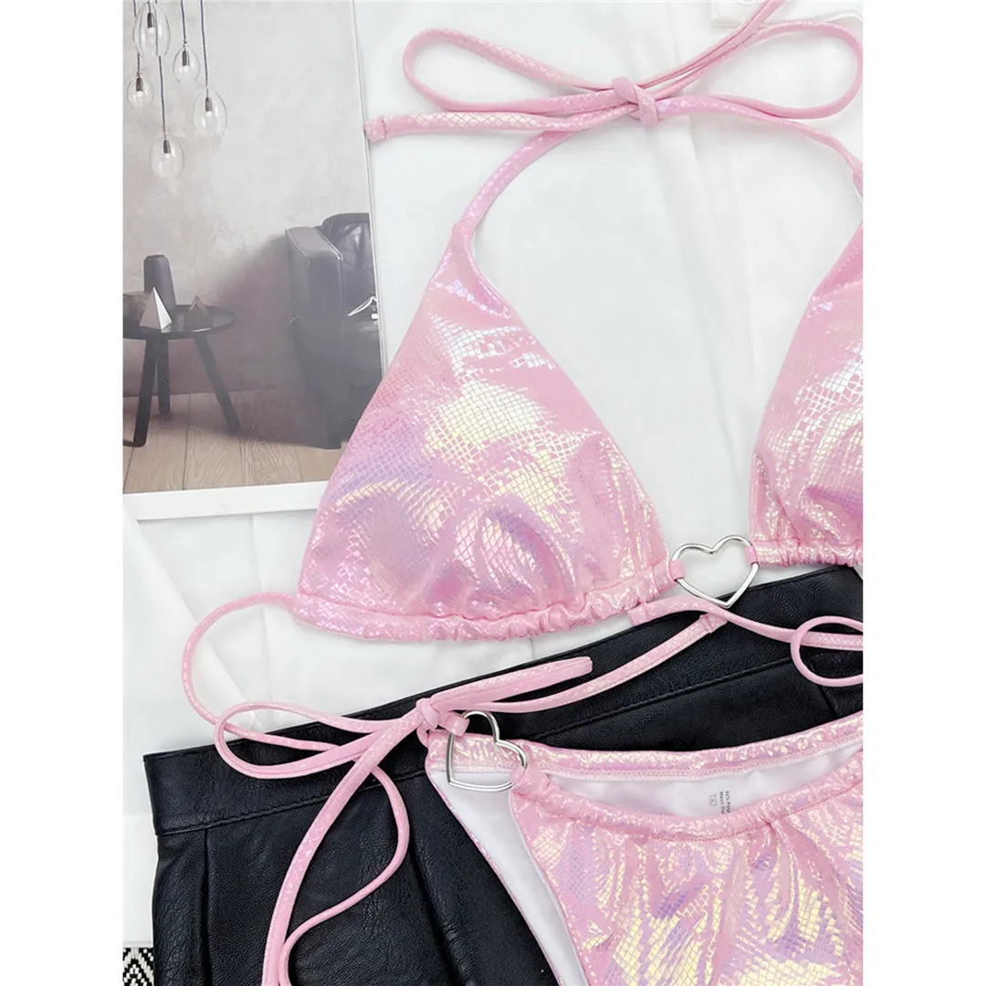 Pink Love Glänzender Liebes-Herz-Dreieck-Bikini
