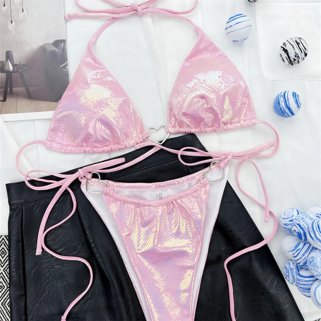 Pink Love Glänzender Liebes-Herz-Dreieck-Bikini