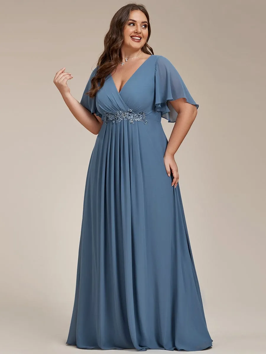 Plus Size Floral Applique Short Sleeve A-Line Chiffon Formal Evening Dress
