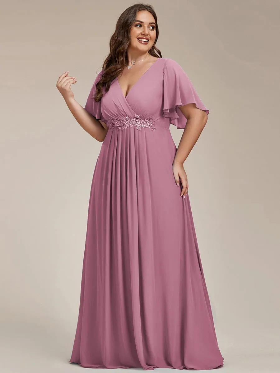 Plus Size Floral Applique Short Sleeve A-Line Chiffon Formal Evening Dress