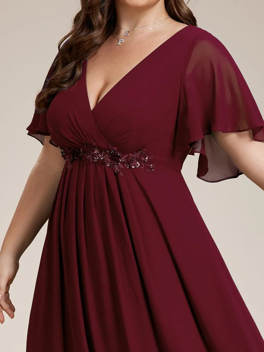 Plus Size Floral Applique Short Sleeve A-Line Chiffon Formal Evening Dress