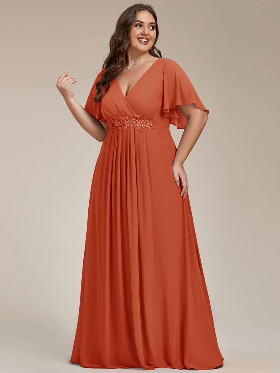 Plus Size Floral Applique Short Sleeve A-Line Chiffon Formal Evening Dress