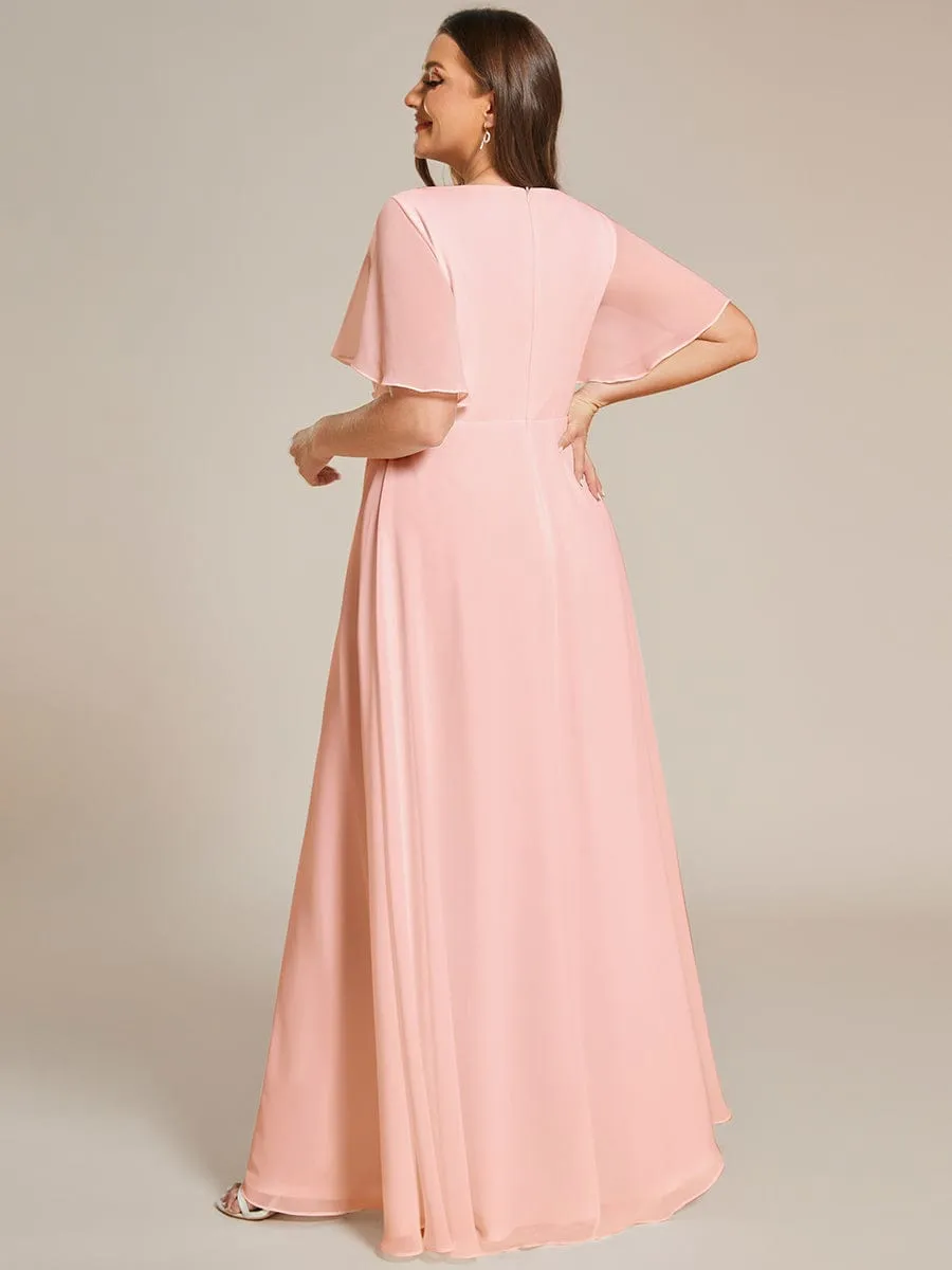Plus Size Floral Applique Short Sleeve A-Line Chiffon Formal Evening Dress