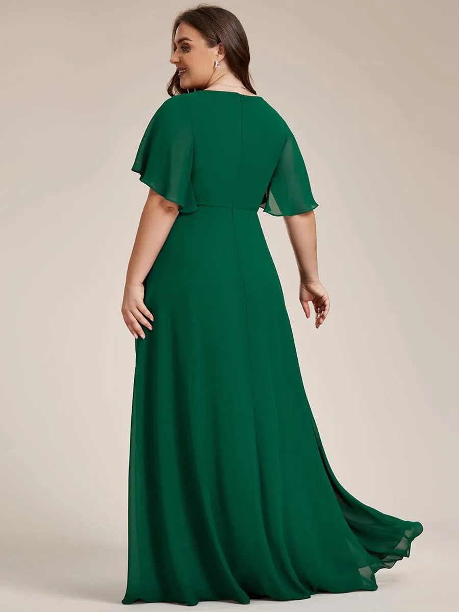 Plus Size Floral Applique Short Sleeve A-Line Chiffon Formal Evening Dress