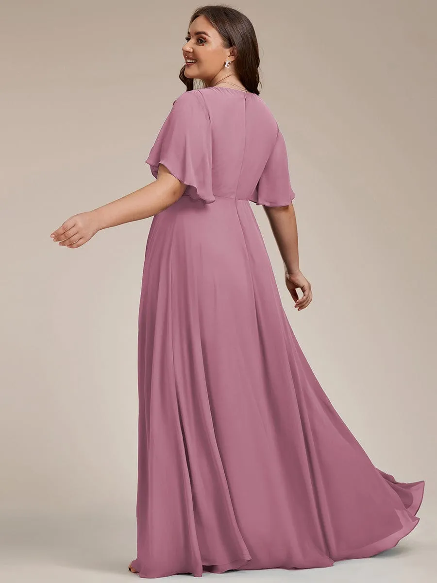 Plus Size Floral Applique Short Sleeve A-Line Chiffon Formal Evening Dress