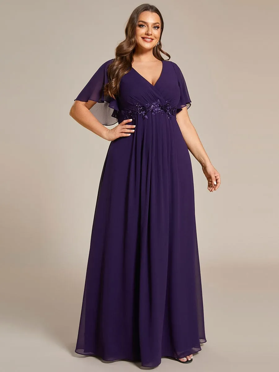 Plus Size Floral Applique Short Sleeve A-Line Chiffon Formal Evening Dress