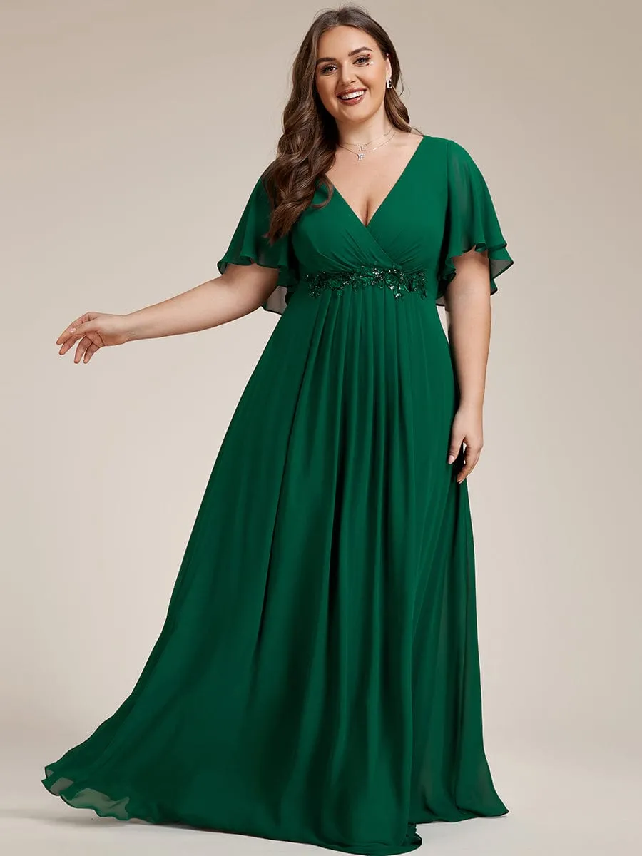 Plus Size Floral Applique Short Sleeve A-Line Chiffon Formal Evening Dress