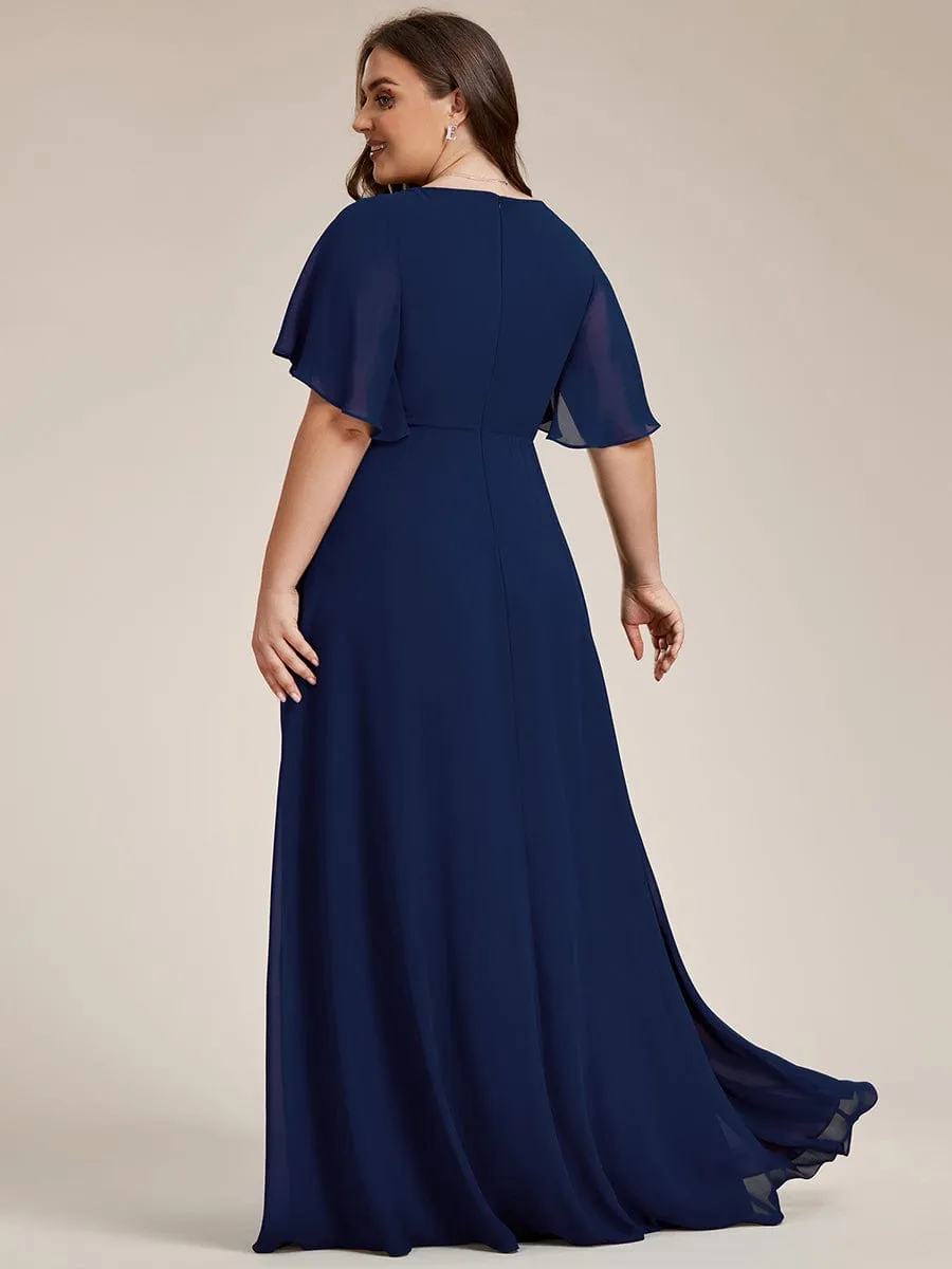 Plus Size Floral Applique Short Sleeve A-Line Chiffon Formal Evening Dress
