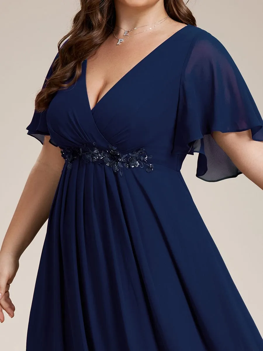 Plus Size Floral Applique Short Sleeve A-Line Chiffon Formal Evening Dress