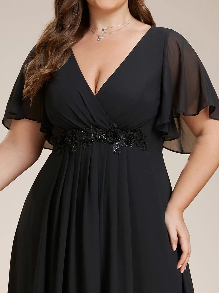 Plus Size Floral Applique Short Sleeve A-Line Chiffon Formal Evening Dress