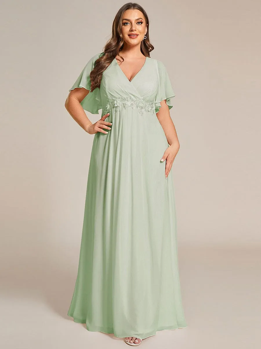 Plus Size Floral Applique Short Sleeve A-Line Chiffon Formal Evening Dress