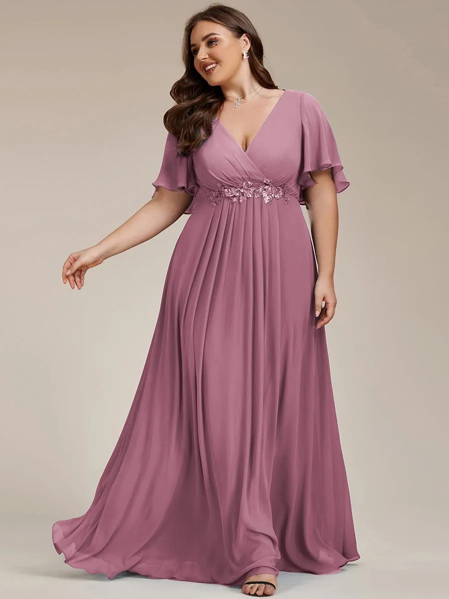 Plus Size Floral Applique Short Sleeve A-Line Chiffon Formal Evening Dress