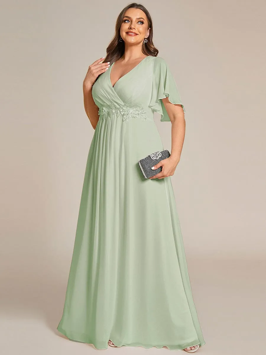 Plus Size Floral Applique Short Sleeve A-Line Chiffon Formal Evening Dress