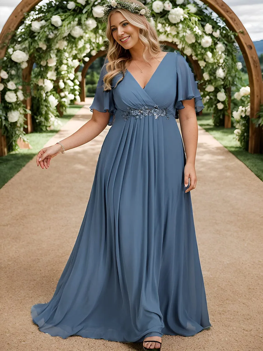 Plus Size Floral Applique Short Sleeve A-Line Chiffon Formal Evening Dress