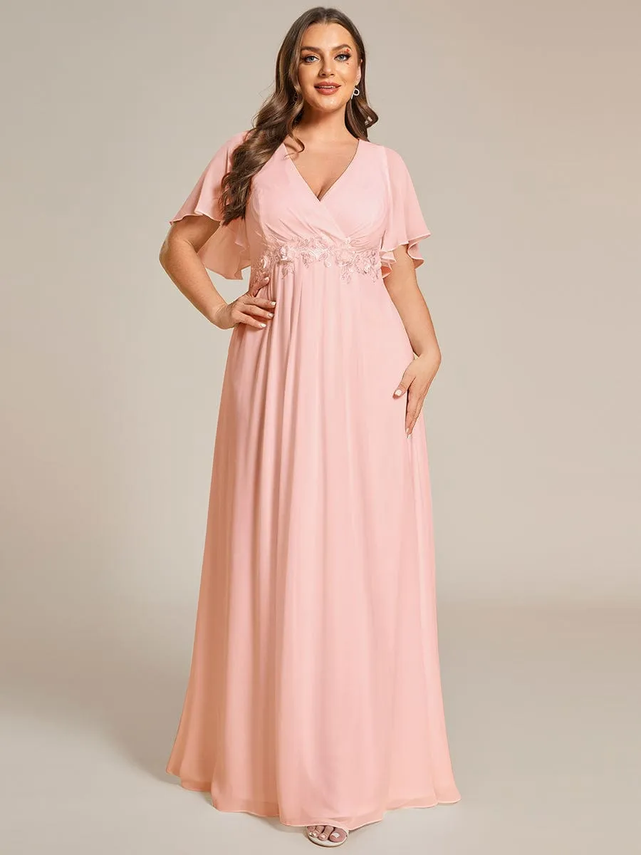 Plus Size Floral Applique Short Sleeve A-Line Chiffon Formal Evening Dress