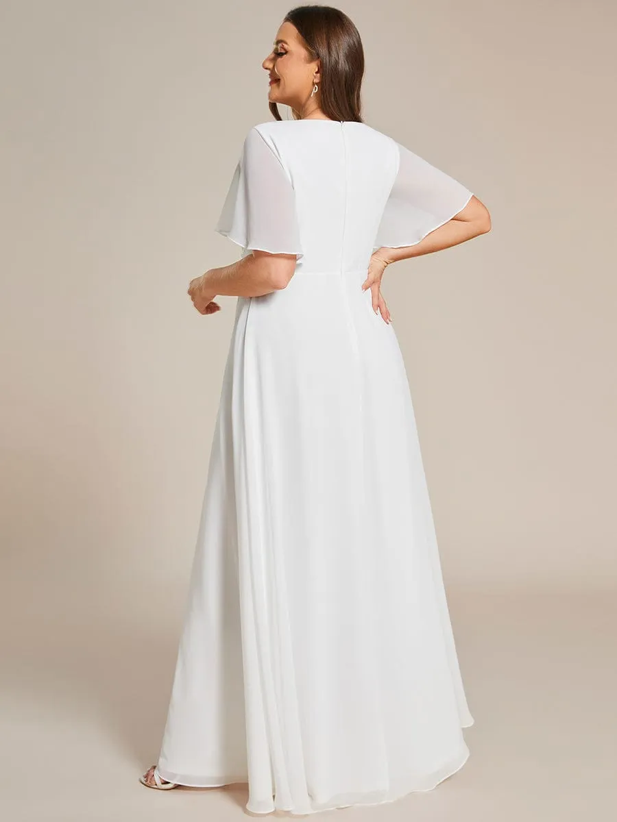 Plus Size Floral Applique Short Sleeve A-Line Chiffon Formal Evening Dress