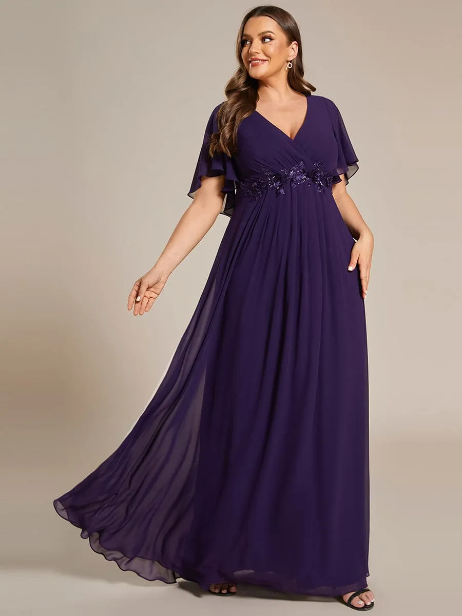 Plus Size Floral Applique Short Sleeve A-Line Chiffon Formal Evening Dress