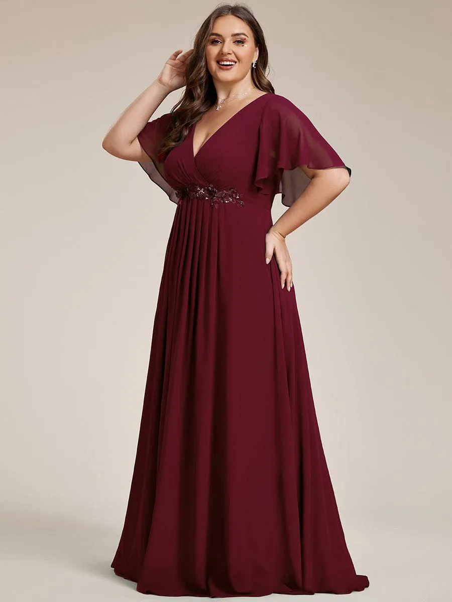 Plus Size Floral Applique Short Sleeve A-Line Chiffon Formal Evening Dress