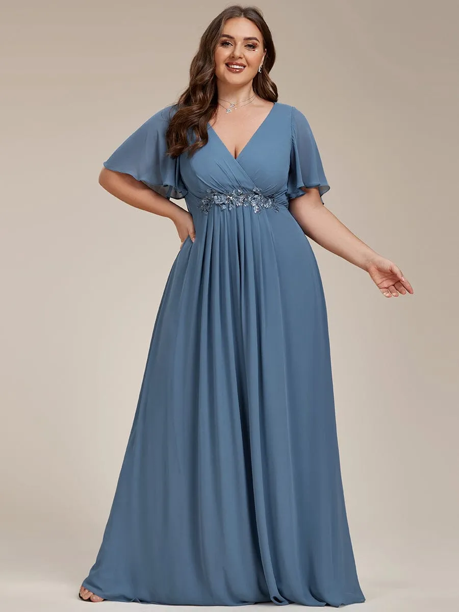 Plus Size Floral Applique Short Sleeve A-Line Chiffon Formal Evening Dress