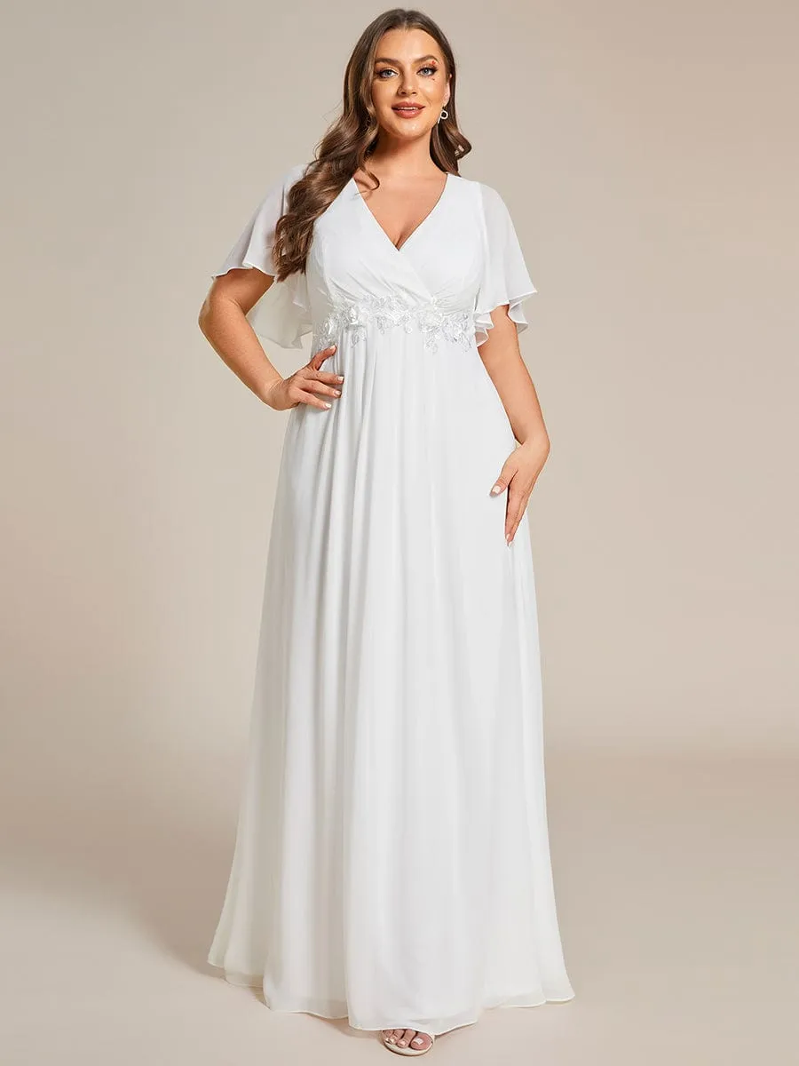 Plus Size Floral Applique Short Sleeve A-Line Chiffon Formal Evening Dress