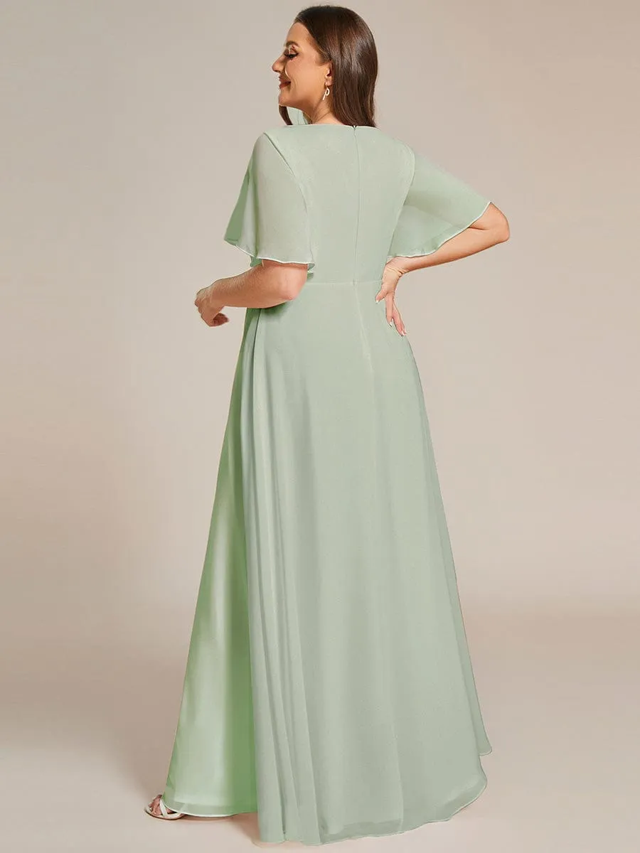 Plus Size Floral Applique Short Sleeve A-Line Chiffon Formal Evening Dress
