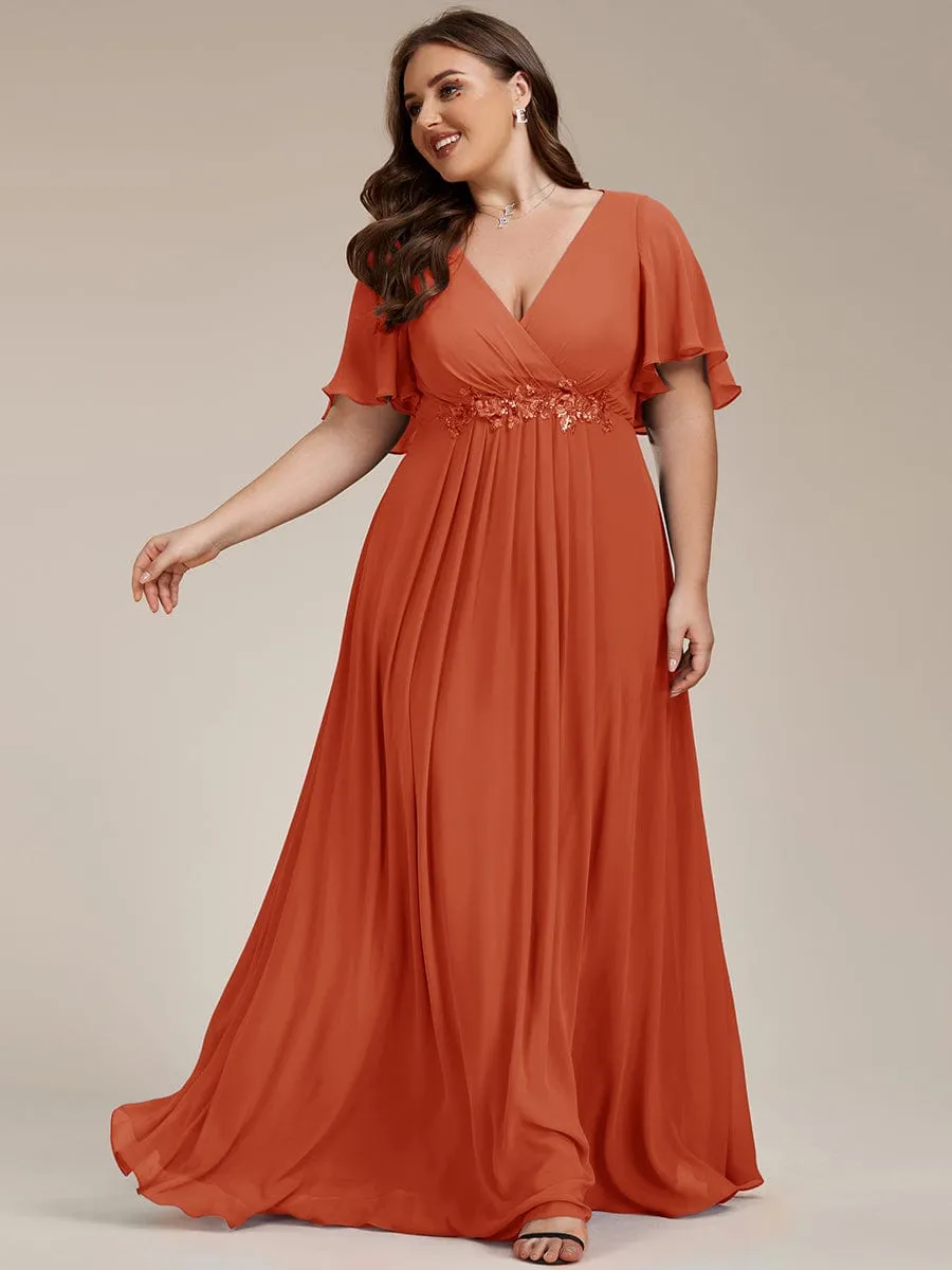Plus Size Floral Applique Short Sleeve A-Line Chiffon Formal Evening Dress