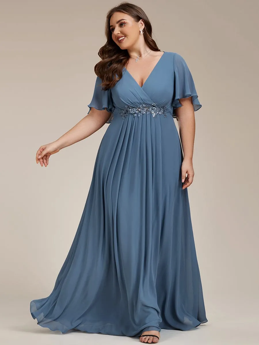 Plus Size Floral Applique Short Sleeve A-Line Chiffon Formal Evening Dress