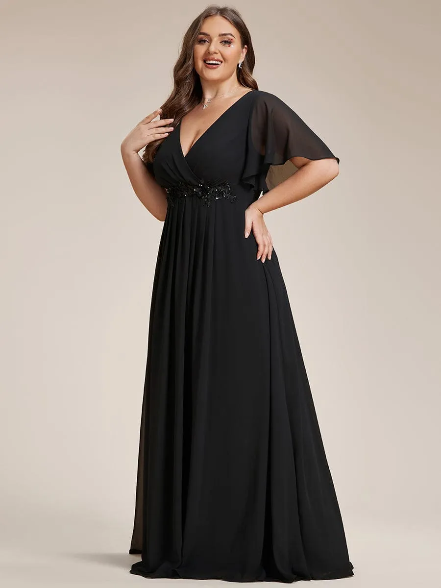 Plus Size Floral Applique Short Sleeve A-Line Chiffon Formal Evening Dress