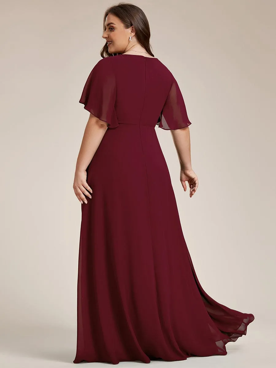 Plus Size Floral Applique Short Sleeve A-Line Chiffon Formal Evening Dress