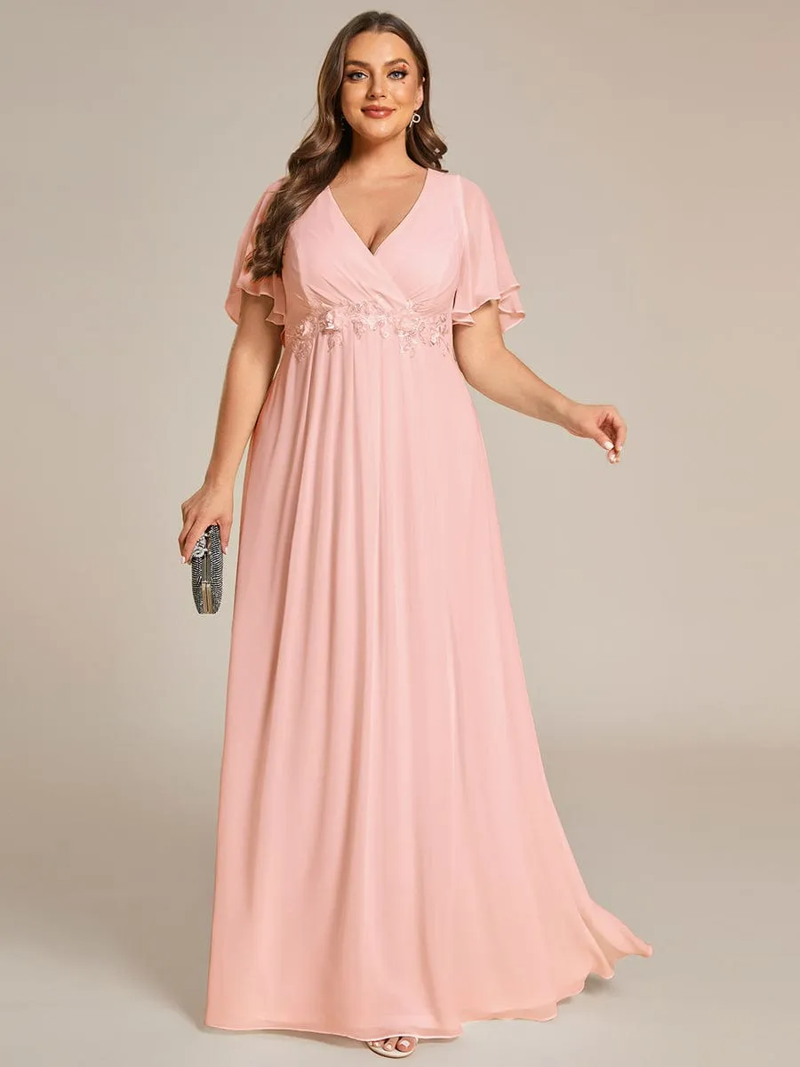 Plus Size Floral Applique Short Sleeve A-Line Chiffon Formal Evening Dress