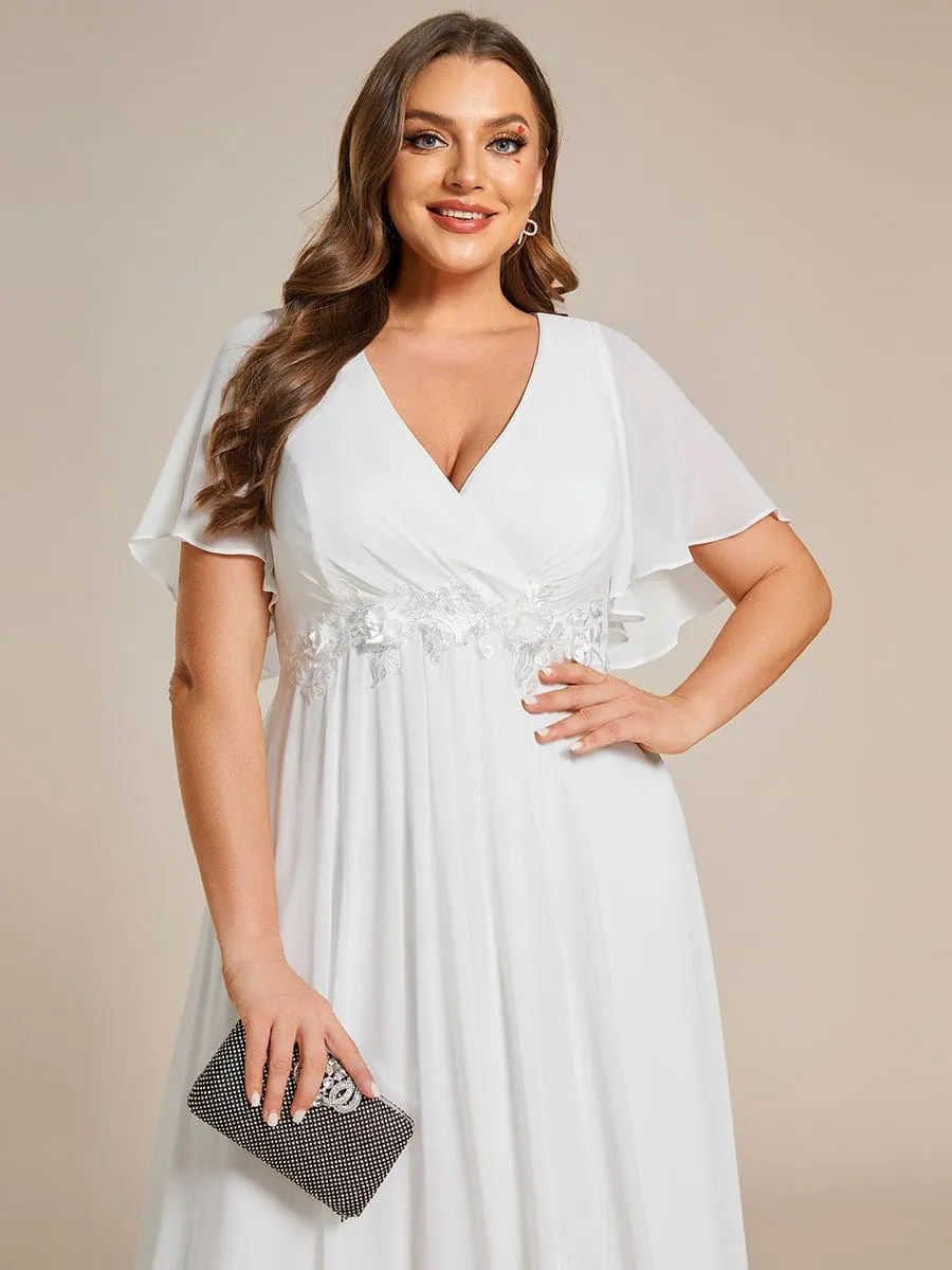 Plus Size Floral Applique Short Sleeve A-Line Chiffon Formal Evening Dress