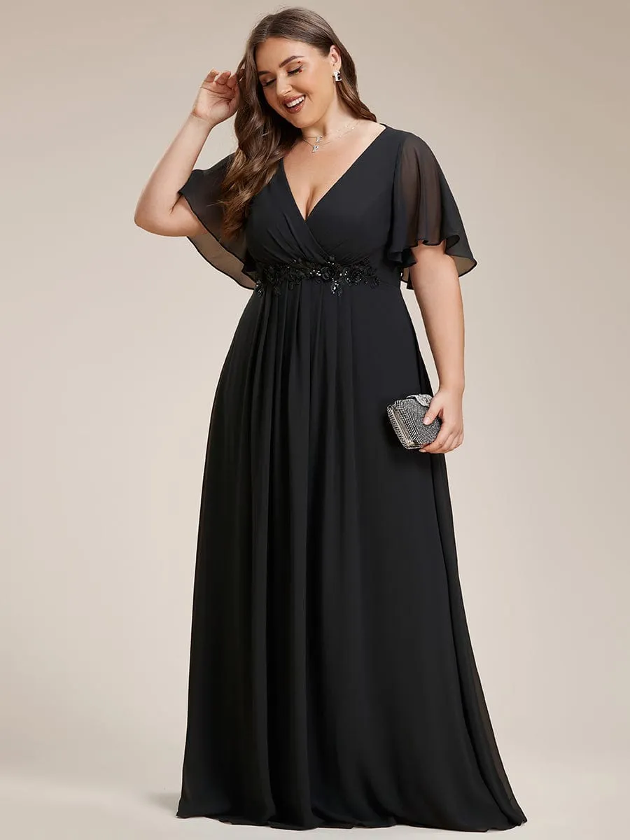 Plus Size Floral Applique Short Sleeve A-Line Chiffon Formal Evening Dress