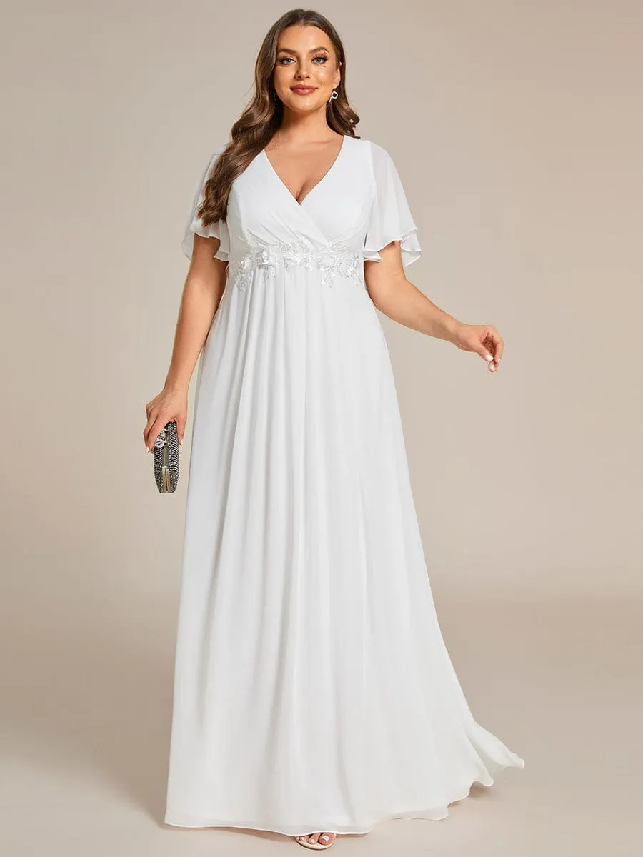 Plus Size Floral Applique Short Sleeve A-Line Chiffon Formal Evening Dress