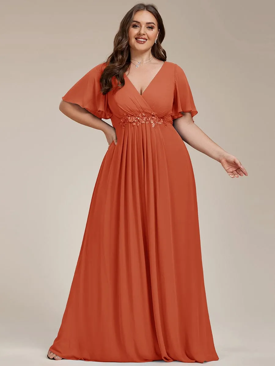 Plus Size Floral Applique Short Sleeve A-Line Chiffon Formal Evening Dress