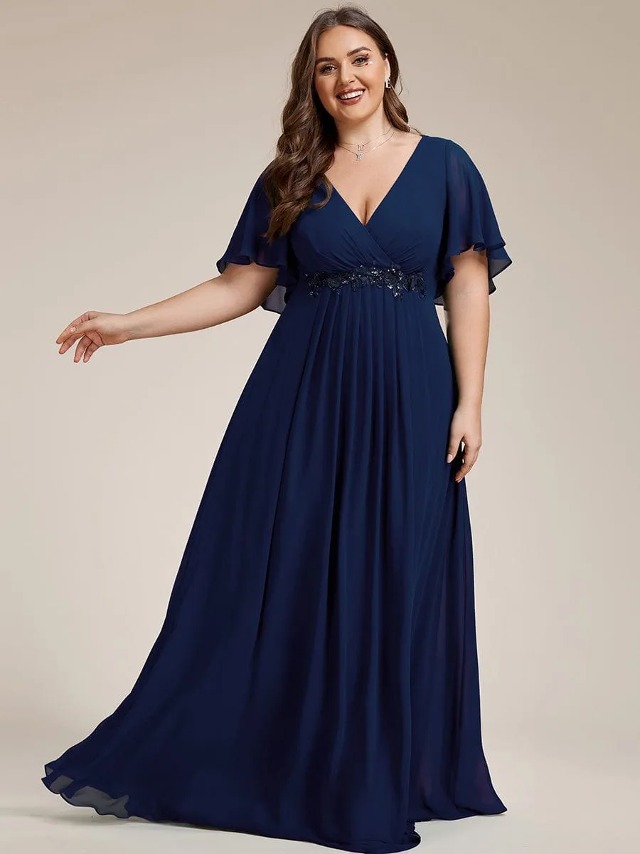 Plus Size Floral Applique Short Sleeve A-Line Chiffon Formal Evening Dress