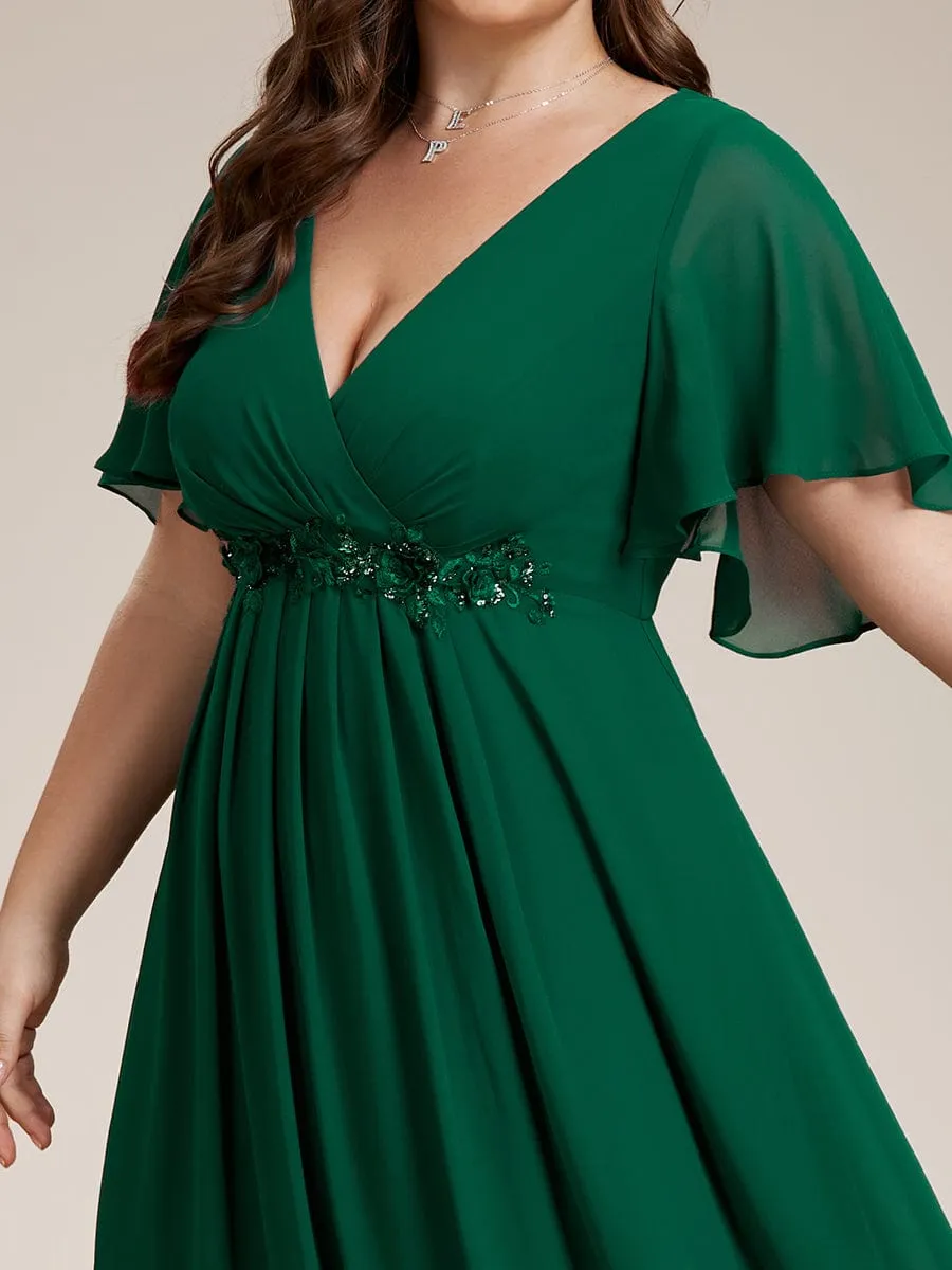 Plus Size Floral Applique Short Sleeve A-Line Chiffon Formal Evening Dress