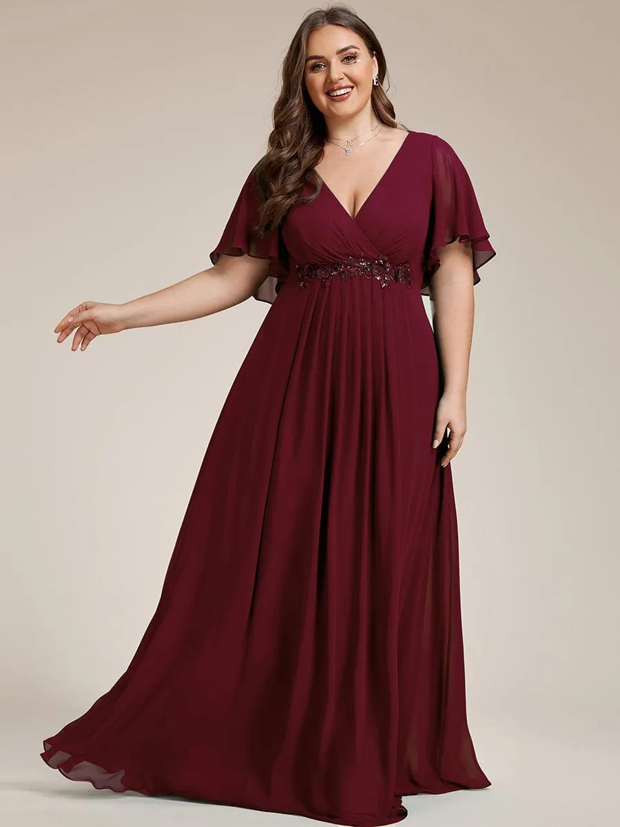 Plus Size Floral Applique Short Sleeve A-Line Chiffon Formal Evening Dress