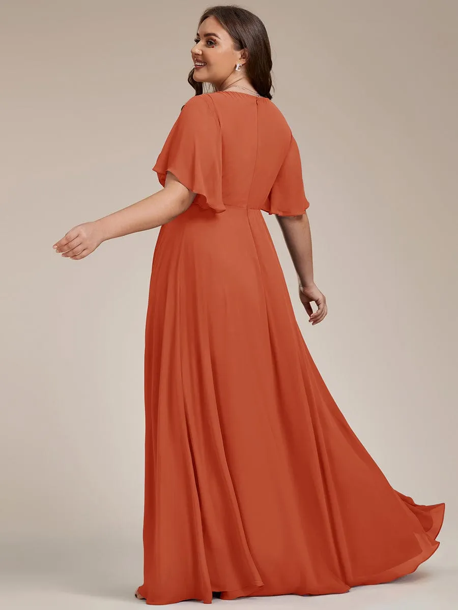 Plus Size Floral Applique Short Sleeve A-Line Chiffon Formal Evening Dress