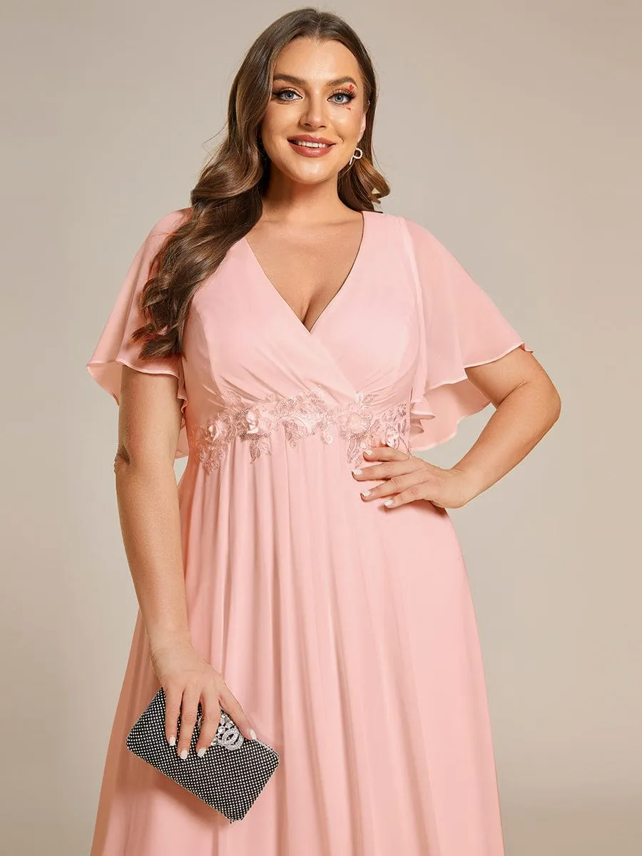Plus Size Floral Applique Short Sleeve A-Line Chiffon Formal Evening Dress