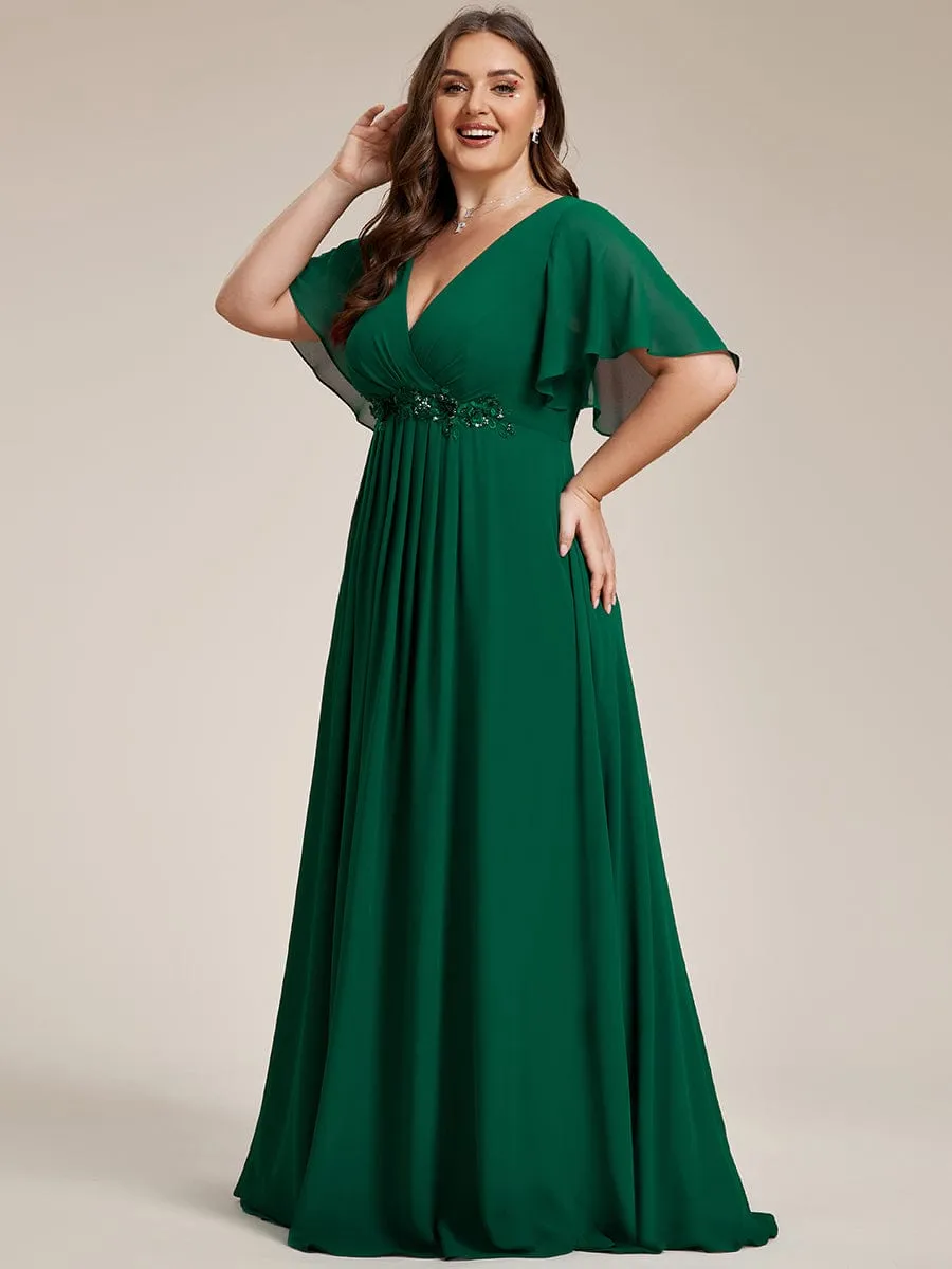 Plus Size Floral Applique Short Sleeve A-Line Chiffon Formal Evening Dress