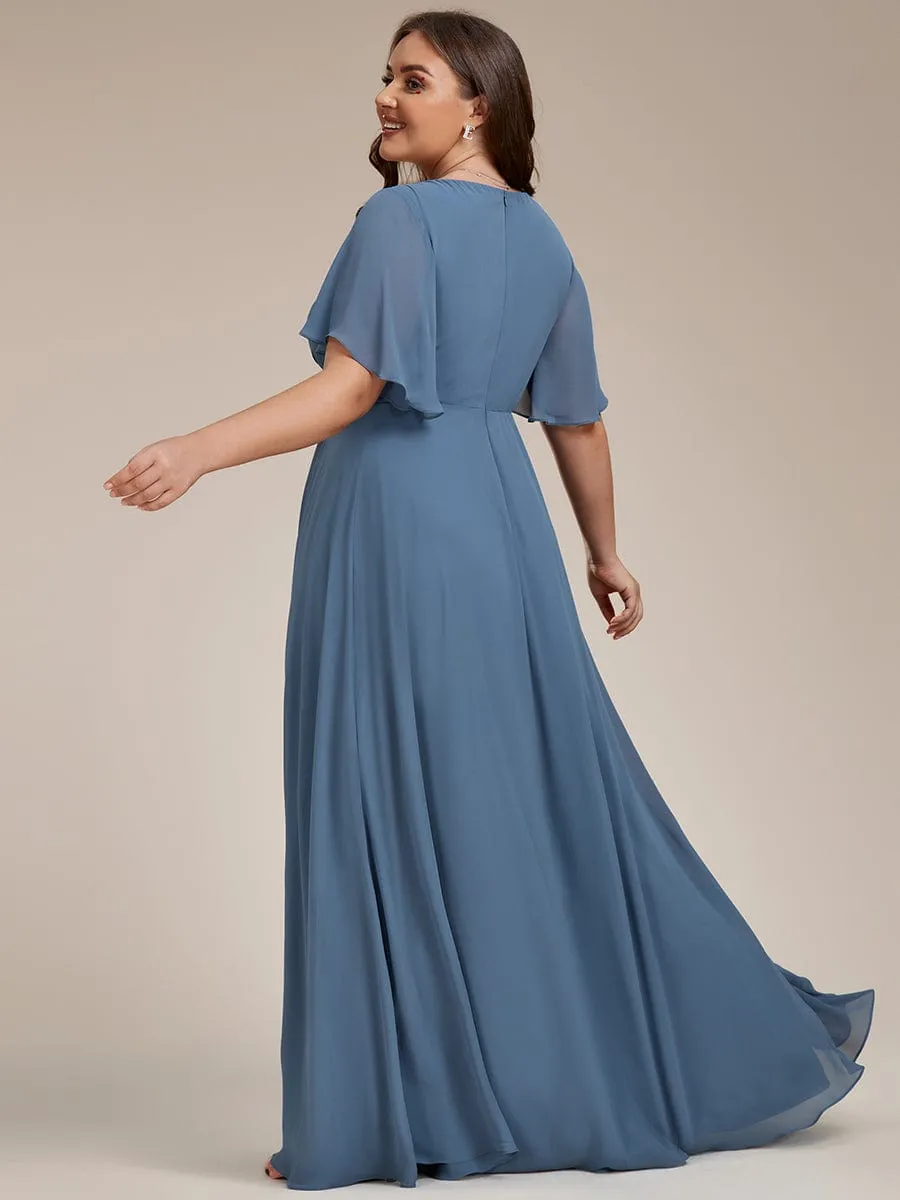 Plus Size Floral Applique Short Sleeve A-Line Chiffon Formal Evening Dress