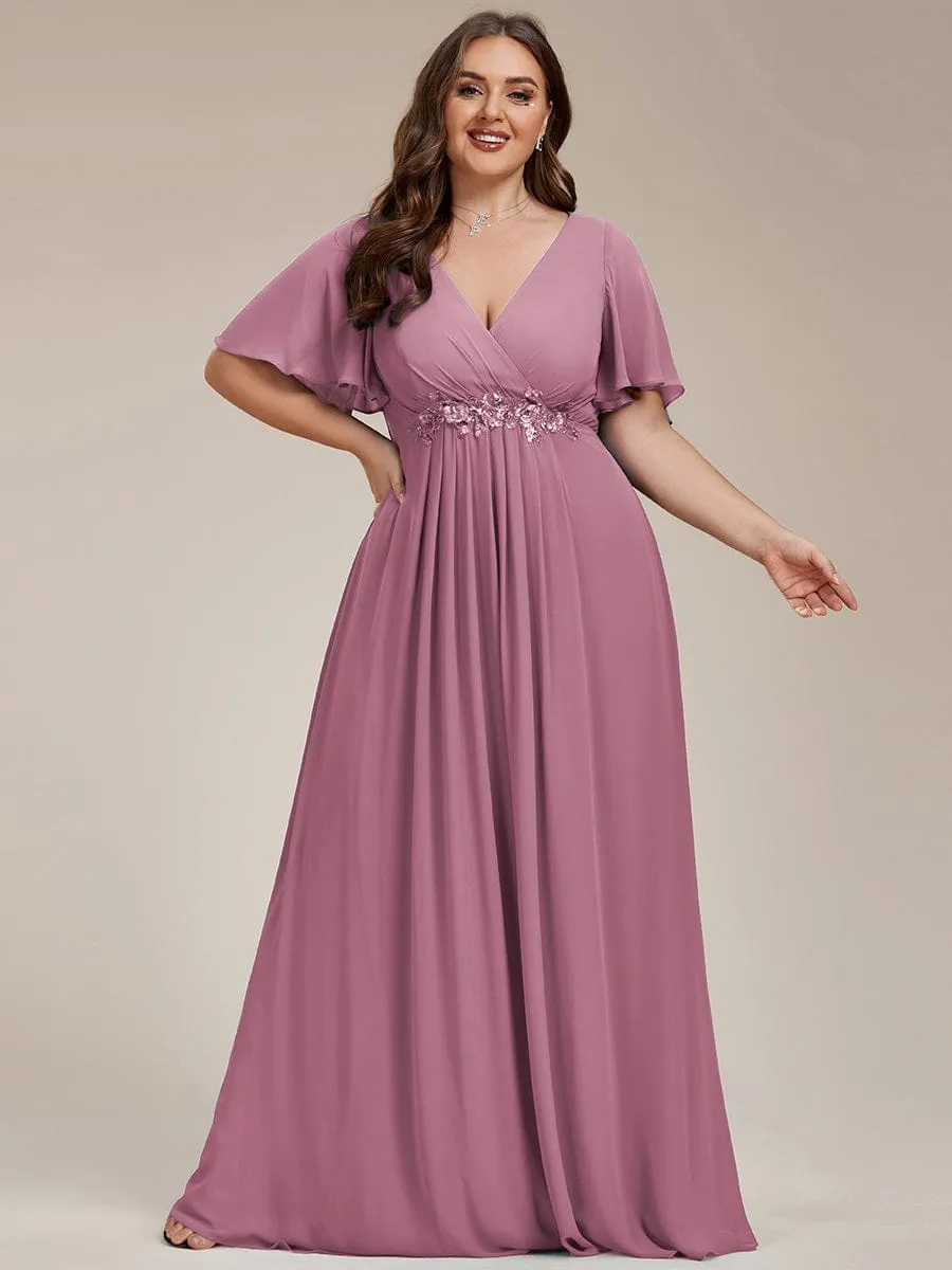 Plus Size Floral Applique Short Sleeve A-Line Chiffon Formal Evening Dress