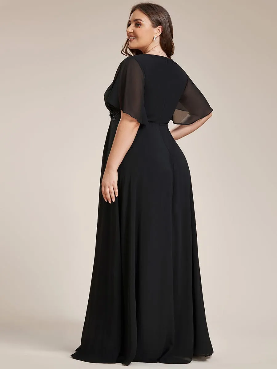 Plus Size Floral Applique Short Sleeve A-Line Chiffon Formal Evening Dress
