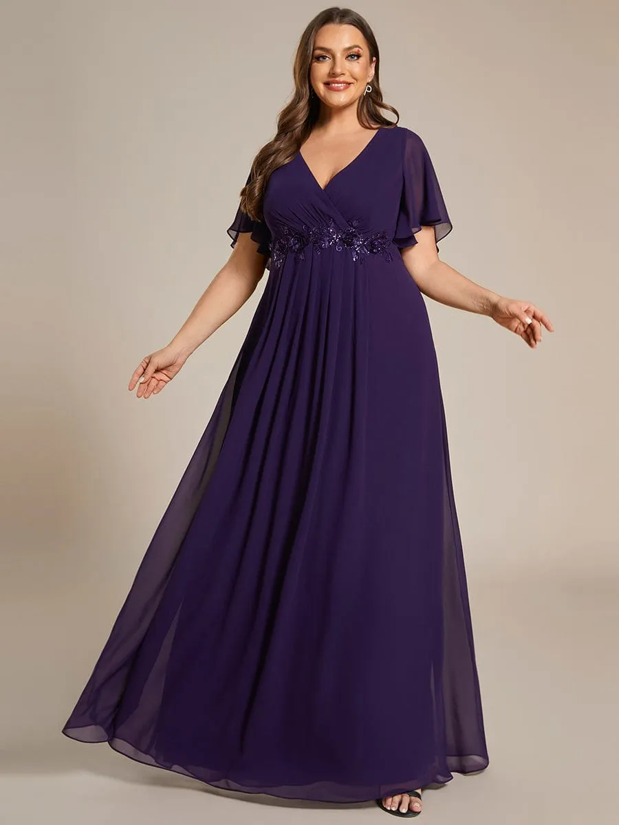Plus Size Floral Applique Short Sleeve A-Line Chiffon Formal Evening Dress