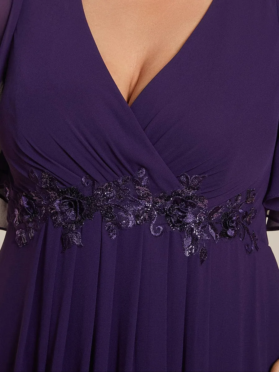Plus Size Floral Applique Short Sleeve A-Line Chiffon Formal Evening Dress