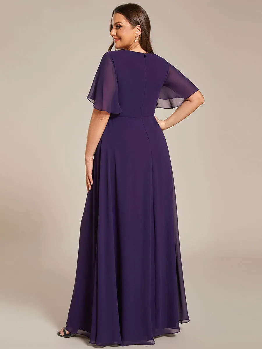 Plus Size Floral Applique Short Sleeve A-Line Chiffon Formal Evening Dress