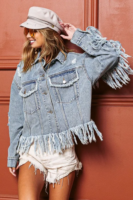 Raw Edge with Fringe Detail Denim Jacket